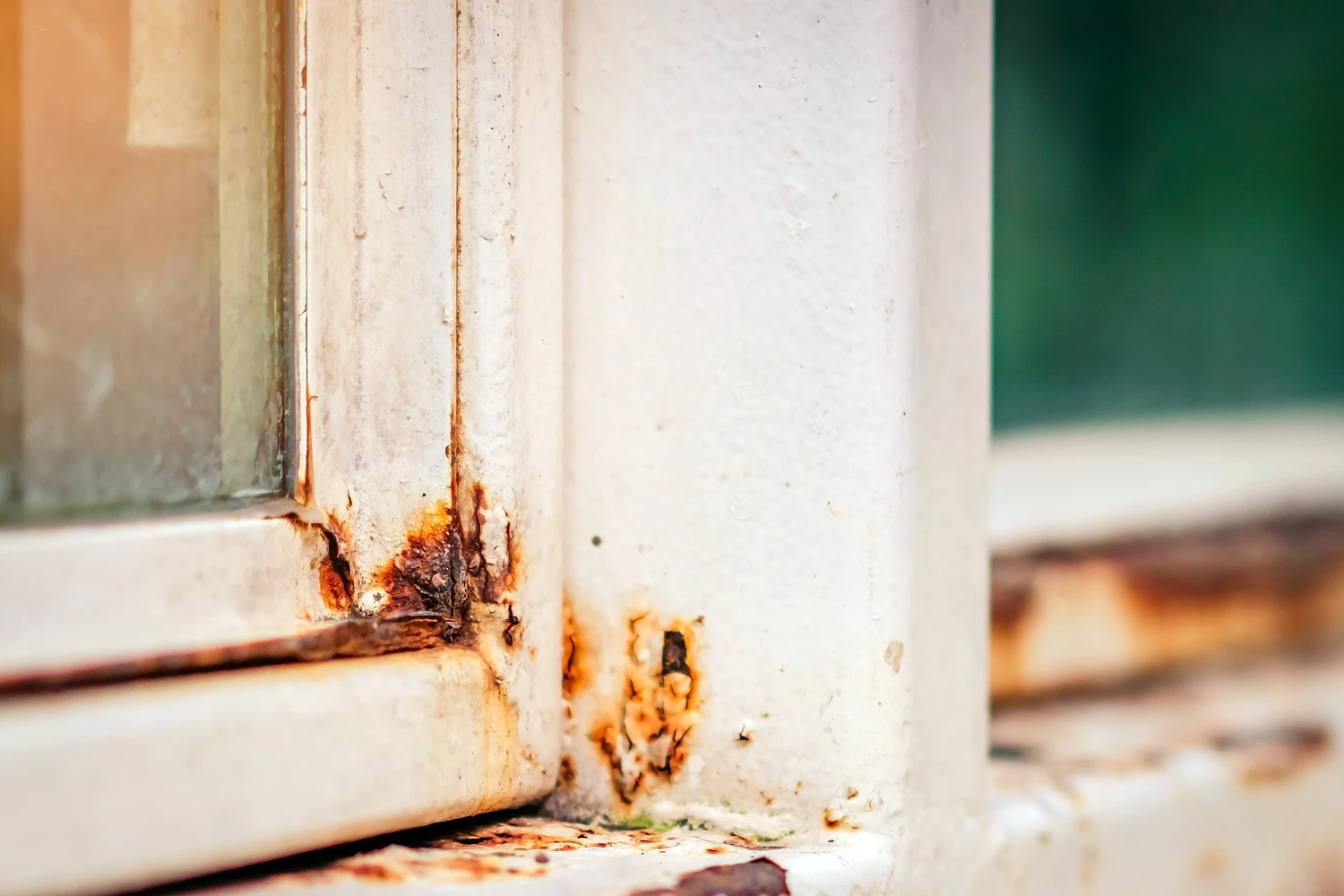 Close up of rust on an old white iron window in the corner of th